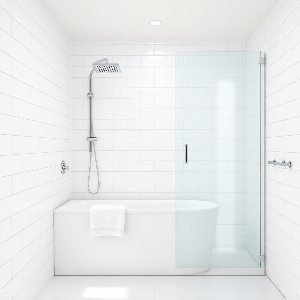 Spotless white tiled bathroom with folded towels