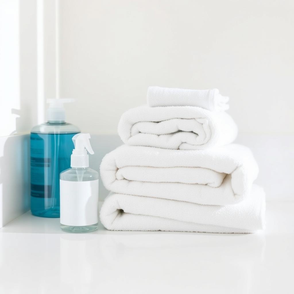 Folded white towels next to simple cleaning supplies