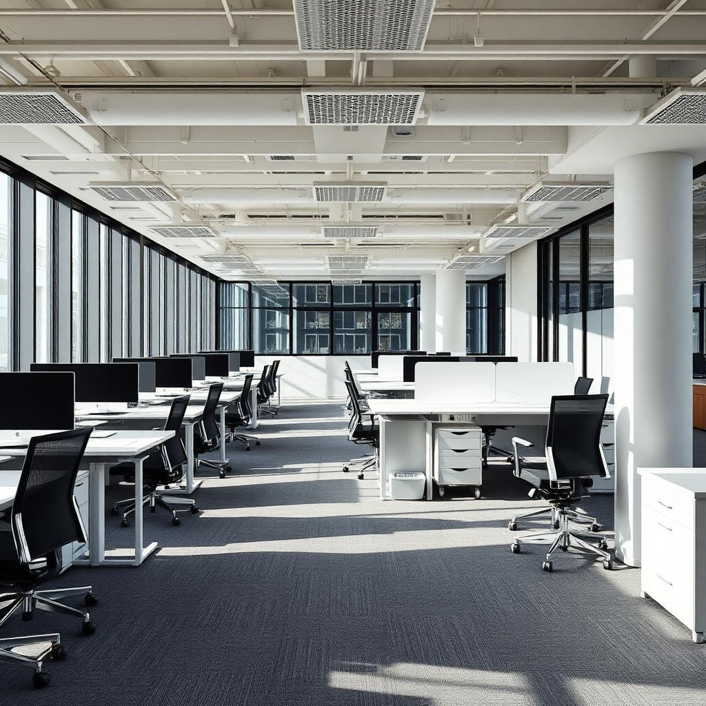 Tidy open-plan office with clean desks and chairs